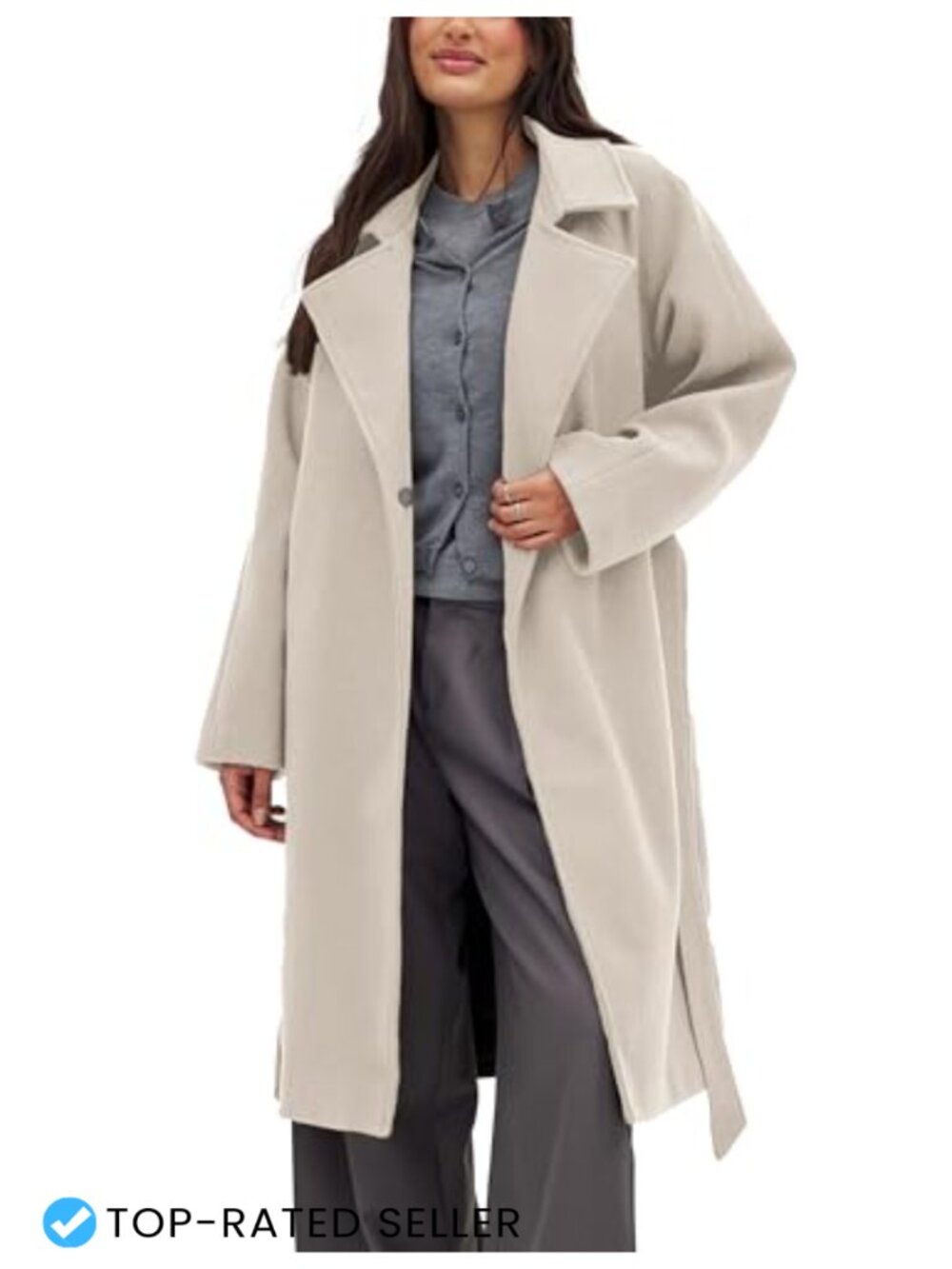 Wool Blend Belted Peacoat Women Winter Notch Lapel Knee Length Trench Coat